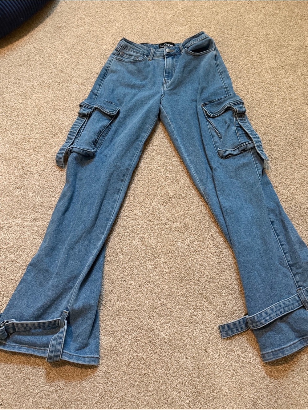 Fashion Nova Blue Cargo Flare Jeans with Utility Pockets